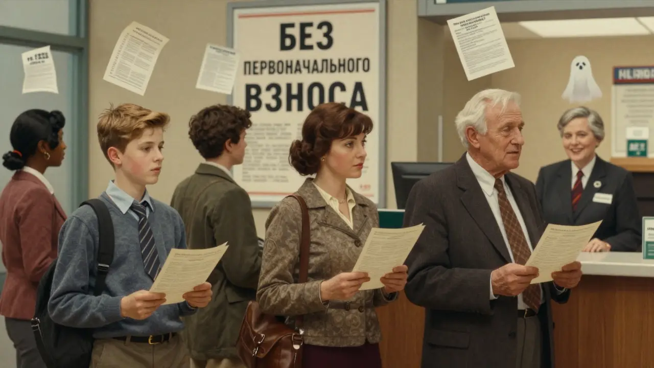 Группа людей в банке ждет обслуживания, на заднем плане — плакат 'без первоначального взноса', скрытые комиссии в воздухе.