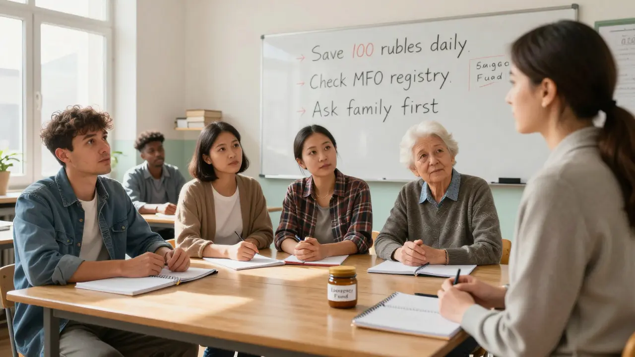 Группа людей в центре сообщества слушает советника по финансам, за спиной доска с шагами к финансовой устойчивости.