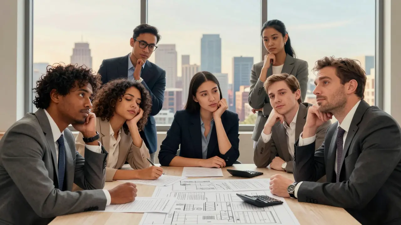 Группа предпринимателей обсуждает ипотечные документы за столом с планами зданий