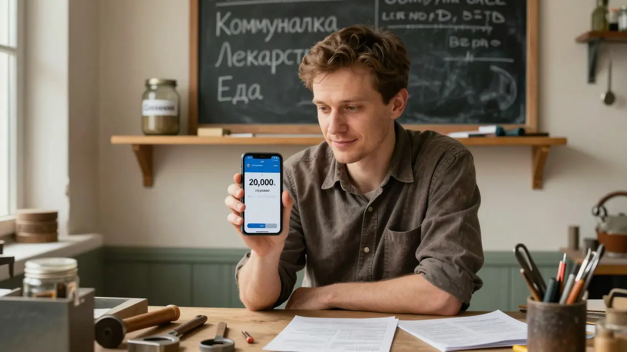 Малый предприниматель смотрит на уведомление о поступлении денег с вклада, на стене — список расходов, сбережения лежат нетронутыми.
