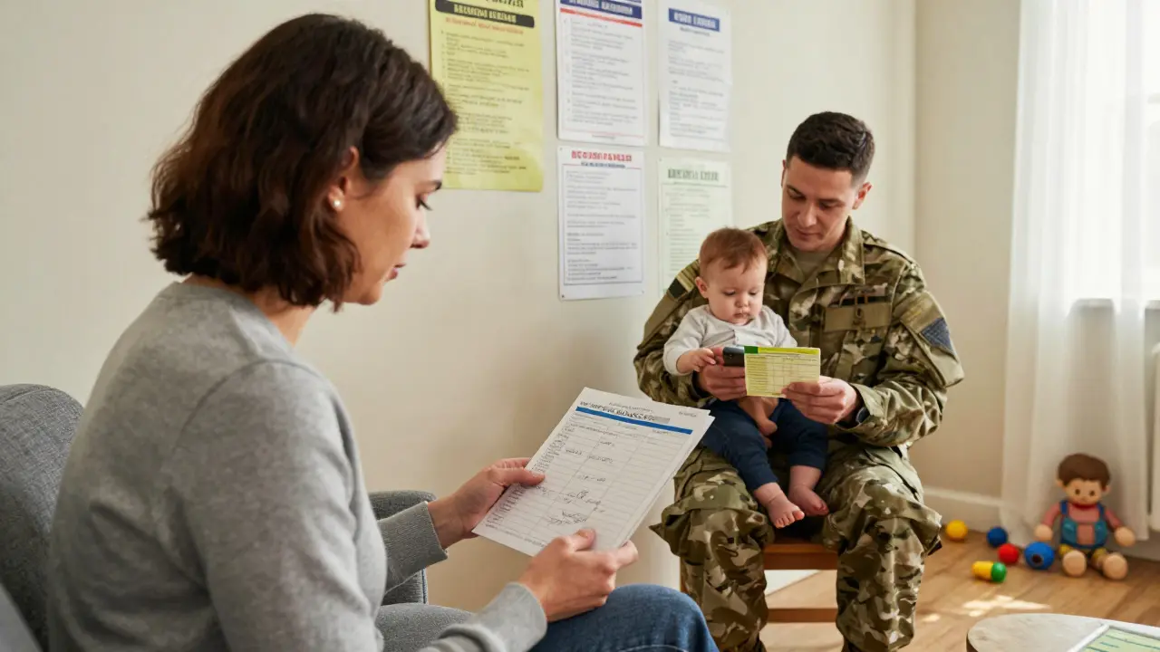 Мать ведет бюджет, отец в форме с ребенком, на стене — листовки о пособиях.