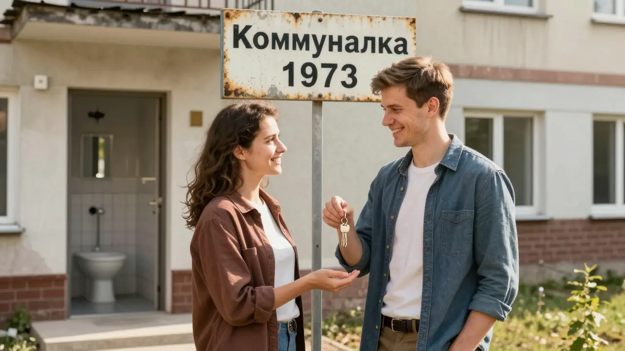 Молодая пара получает ключи от современной изолированной комнаты в новостройке, позади — старая коммуналка.