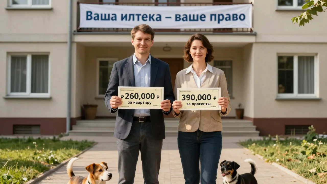 Муж и жена стоят у дома с двумя уведомлениями о возврате налога за квартиру и проценты.