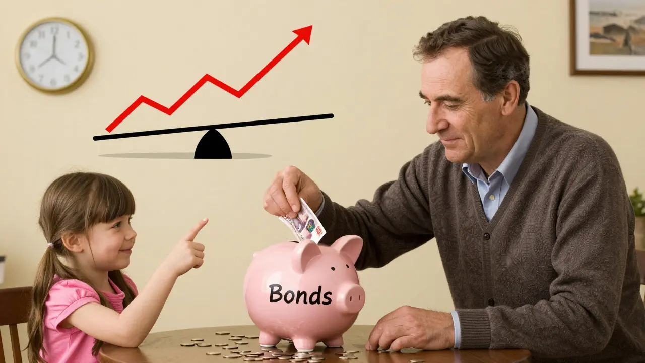 Мужчина кладет деньги в копилку 'Облигации', над ним в воздухе плавает неравновесная доска с акциями и облигациями, рядом дочь улыбается.