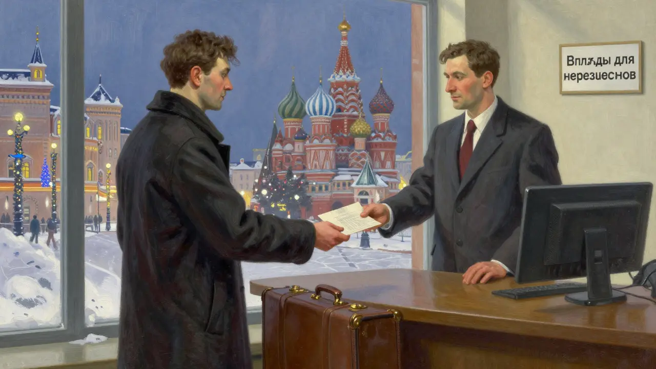 Мужчина передаёт документы в банке зимой, за окном — огни Москвы, его багаж стоит рядом, а на стене — табличка о вкладах для нерезидентов.