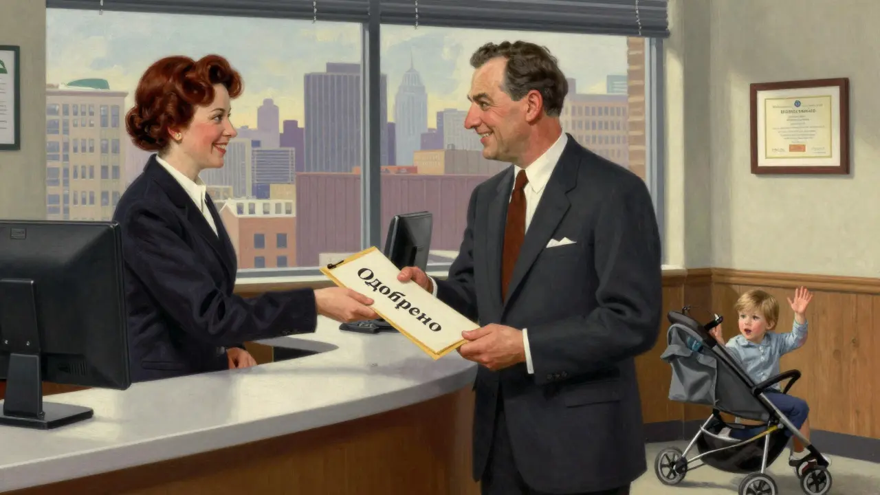 Мужчина получает одобрение на рефинансирование ипотеки в банке, за окном — городской пейзаж и семья.