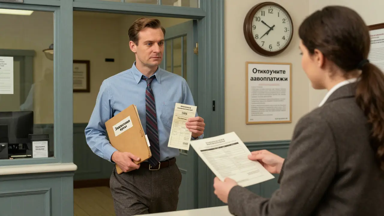 Мужчина получает подтверждение закрытия карты в банке, держит справку об отсутствии долга.