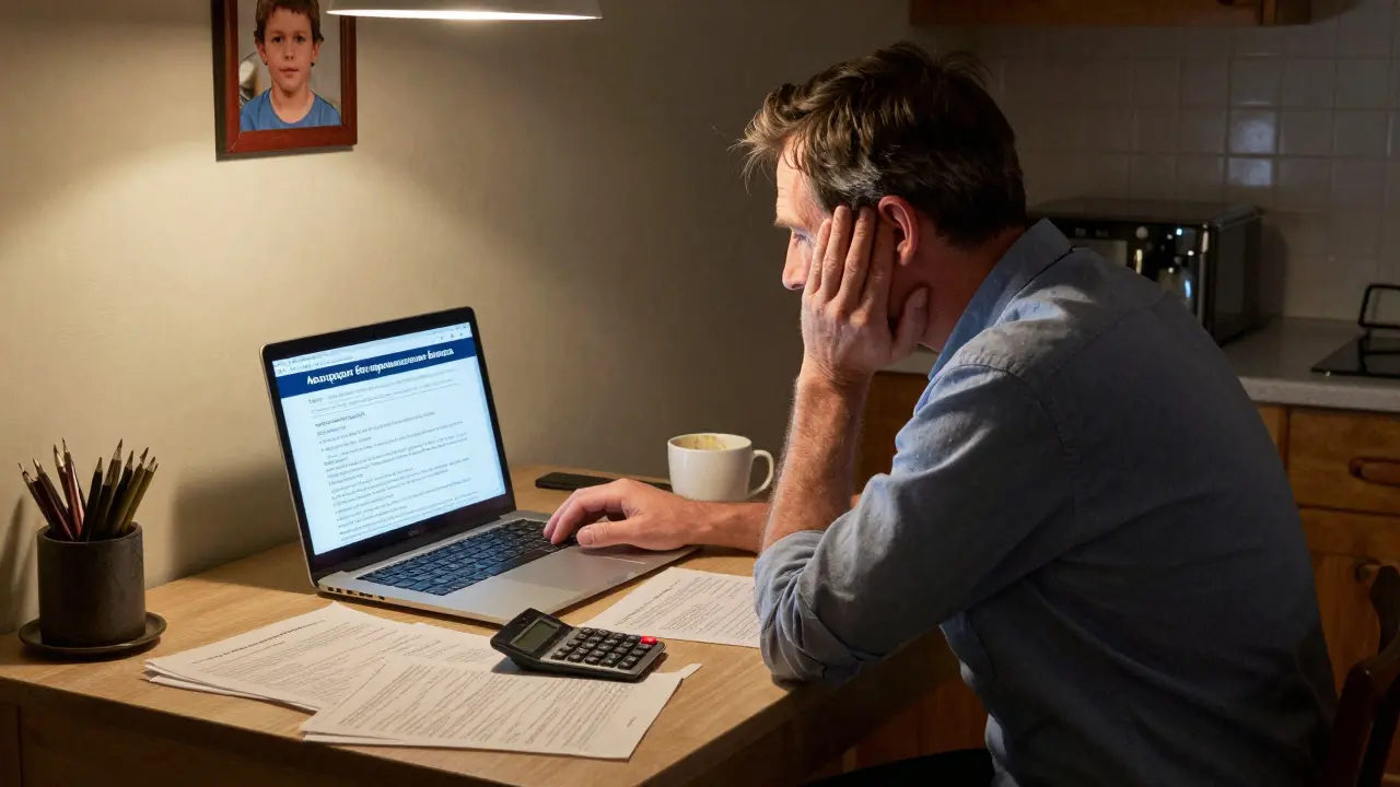 Мужчина смотрит на ноутбук за кухонным столом ночью, рядом — документы и кофе, на стене — фото ребенка.