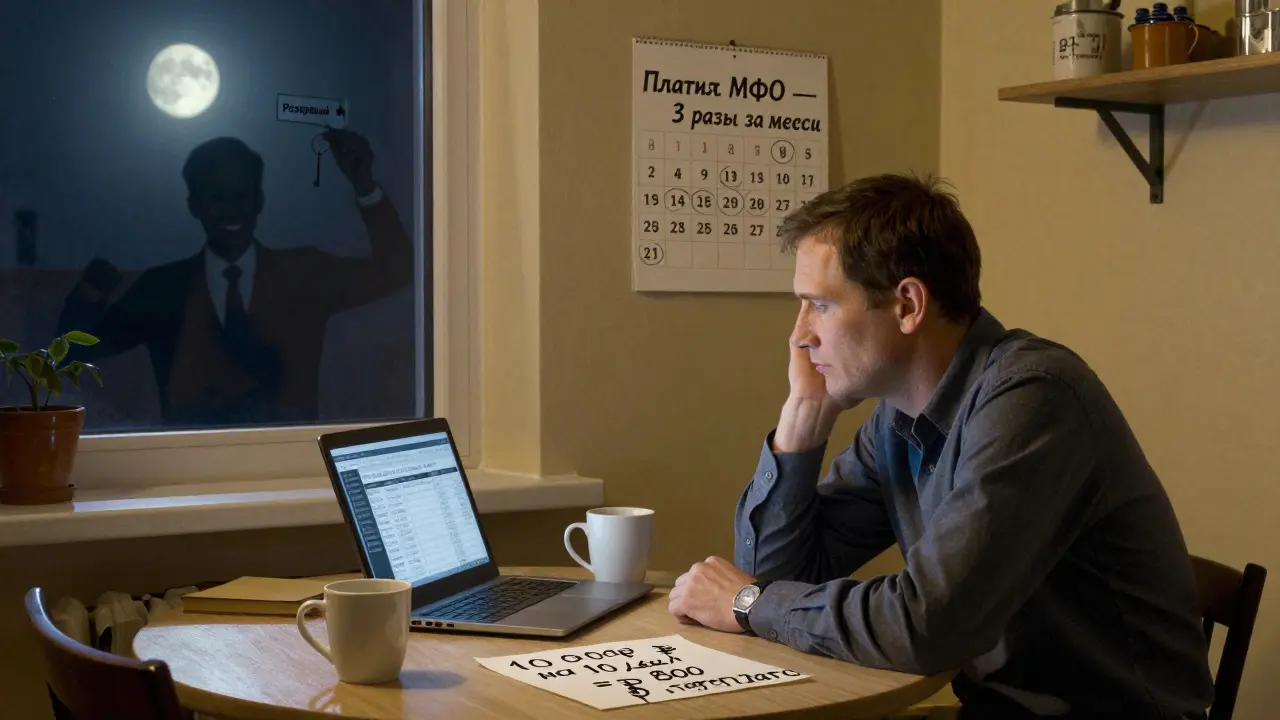 Мужчина в полночь считает переплату по займу, на стене — календарь с пометками о частых заимствованиях.
