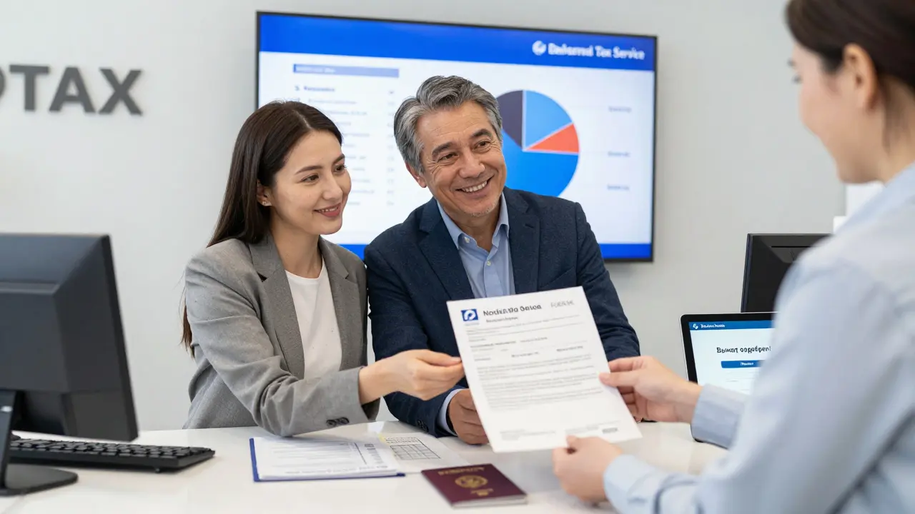 Пара получает уведомление о одобрении налогового вычета в налоговой службе с таблеткой Сбербанка.