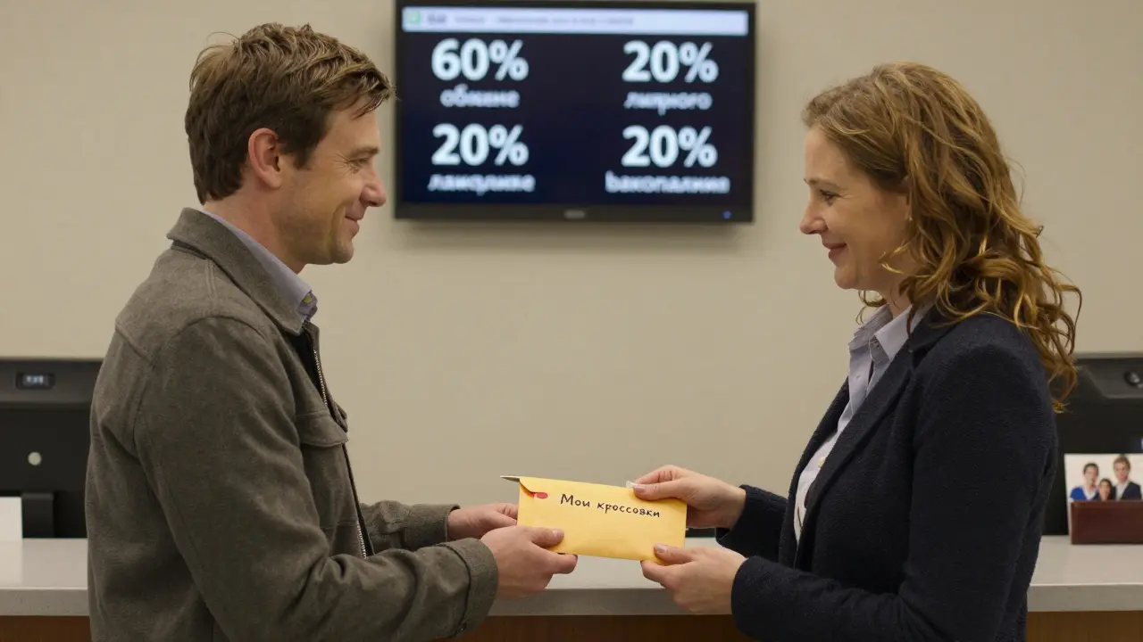 Пара в банке распределяет деньги: общий и личный конверты, на фоне экрана автоматических переводов.