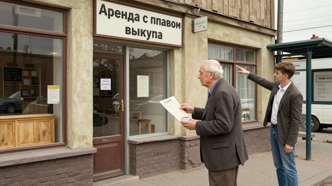 Пожилой бизнесмен осматривает магазин с табличкой 'Аренда с правом выкупа'