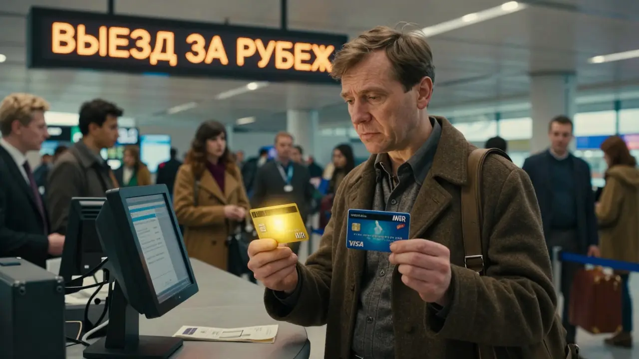 Путешественник в аэропорту с двумя картами: одна отклонена, другая принята, вокруг — пассажиры и табло вылета.