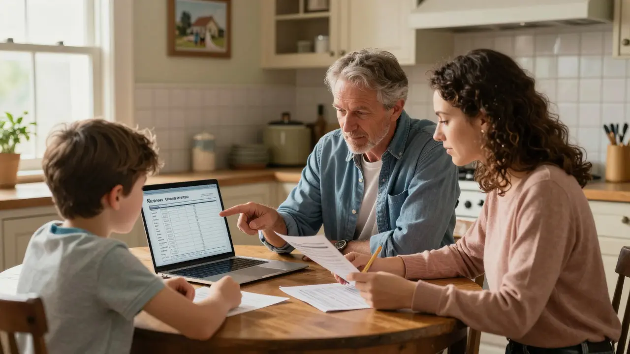Семья анализирует финансовые документы за кухонным столом