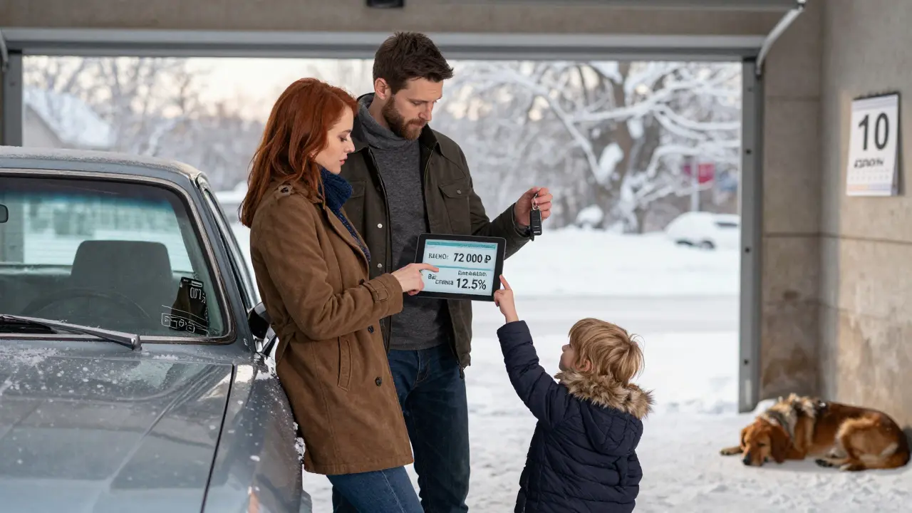Семья обсуждает выбор: оформить КАСКО или взять кредит с更高的 ставкой, мягкий зимний свет, детали повседневной жизни.