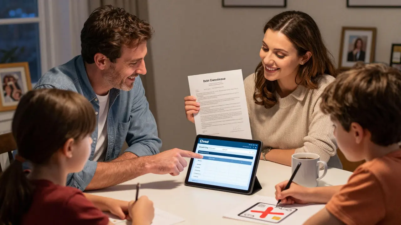 Семья смотрит на экран с отчетом кредитного бюро — карта успешно закрыта, на столе — справка.