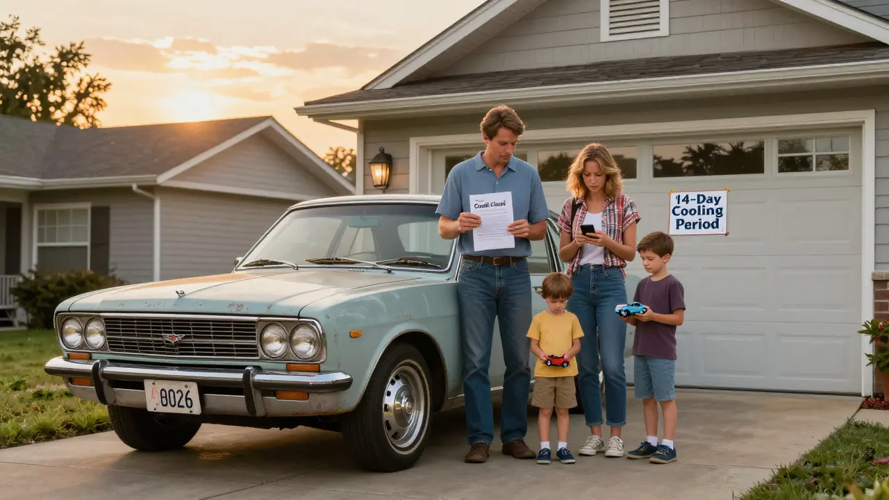 Семья стоит у машины 2026 года с документом о закрытии кредита, на гараже — знак о 14-дневном периоде охлаждения.
