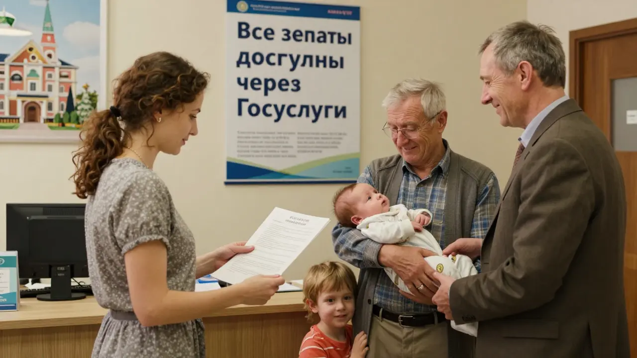 Семья в соцслужбах, мать подает документы, дедушка держит новорожденного.