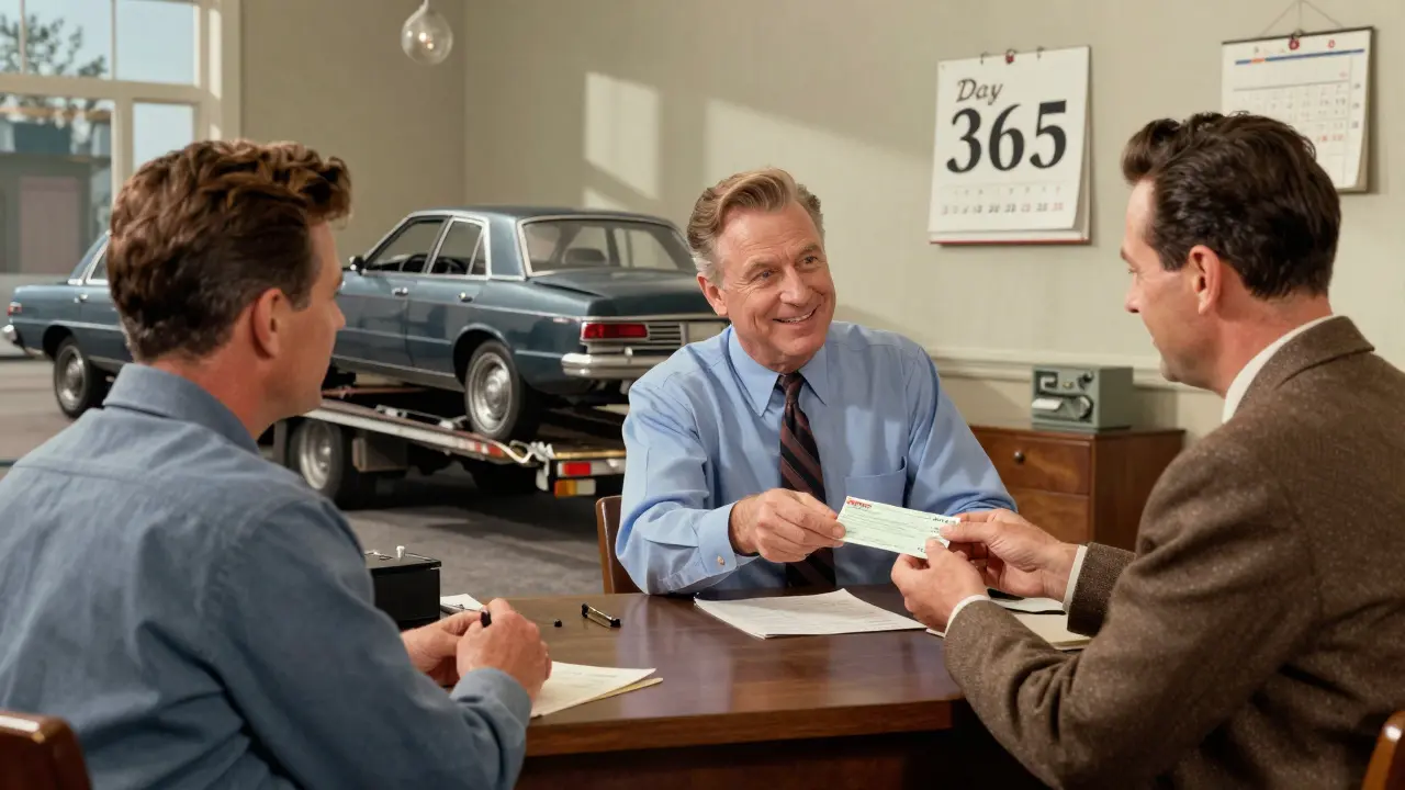 Страховой агент объясняет полис клиенту, на фоне — две сцены: машина на эвакуаторе и клиент получает чек, закрывающий долг.