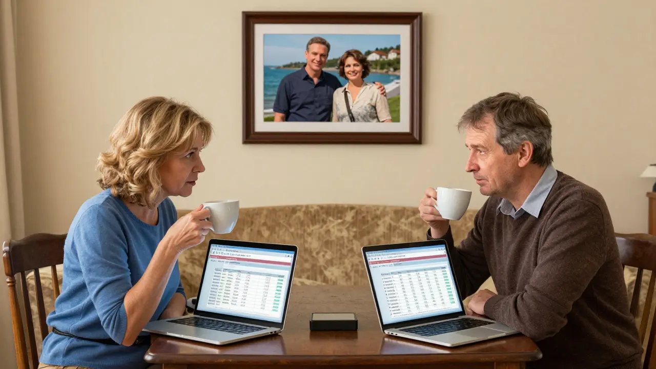 Супруги спокойно обсуждают финансы, каждый за своим ноутбуком с отдельными счетами.