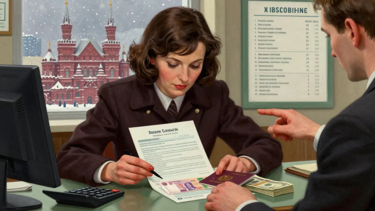 Женщина-нерезидент внимательно изучает договор о вкладе в рублях, рядом — паспорт и доллары, за окном — снежный Москва.