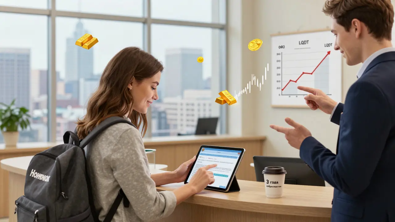 Женщина открывает брокерский счёт в банке, рядом с ней — диаграммы роста инвестиций, а в окне — символы облигаций и акций.