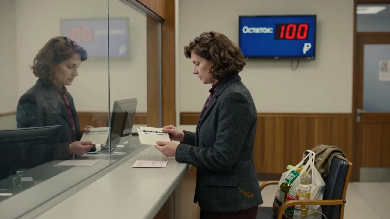 Женщина открывает сберегательный счет в банке, в руке конверт с надписью 'Подушка безопасности'.