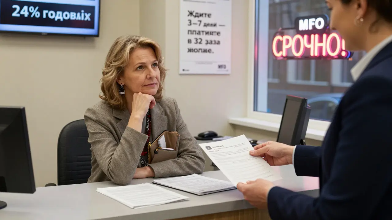 Женщина получает кредит в банке, на фоне — реклама МФО с надписью 'Срочно!', подчеркивая разницу в условиях.