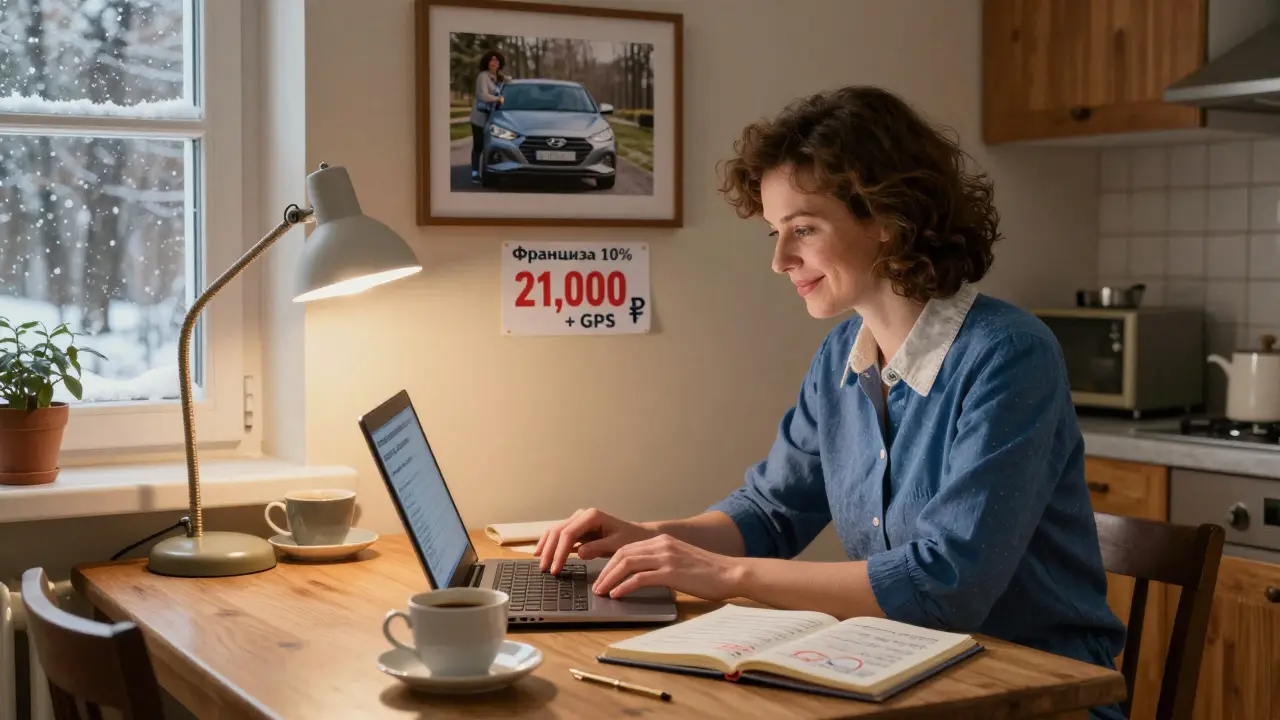 Женщина в Тюмени рассчитывает страховку за кухонным столом, экономия 21 тыс. руб., уютная атмосфера и лампа на столе.