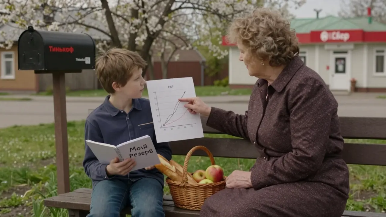 Бабушка и внук обсуждают рост доходности ФДР на рисунке в саду, рядом корзина с хлебом.