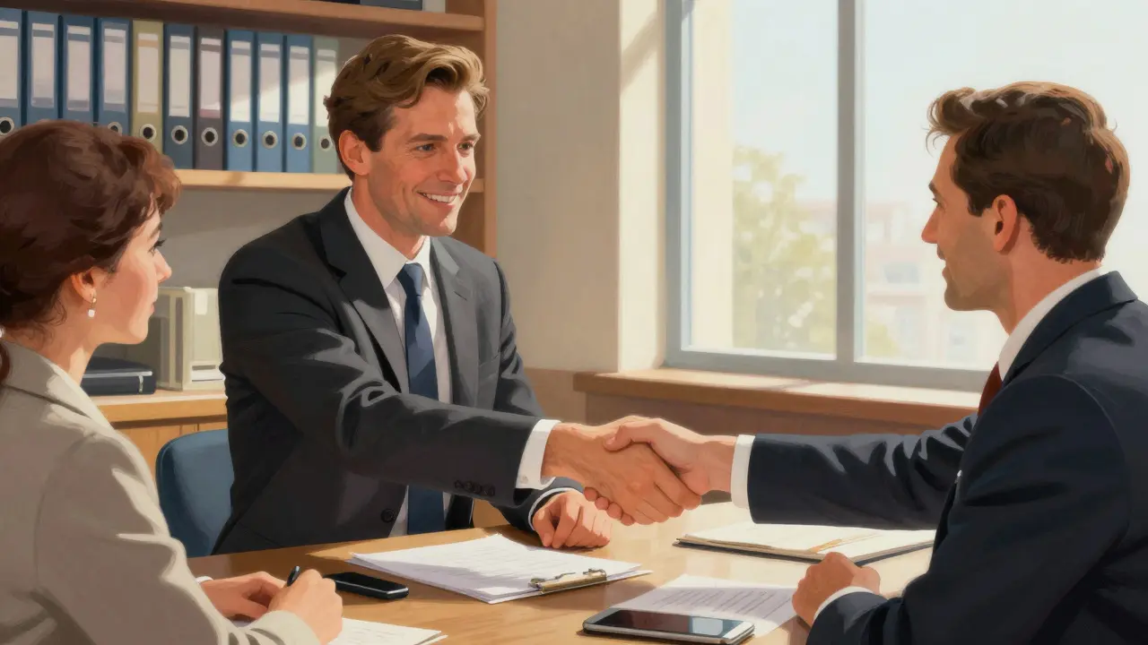 Брокер и клиент пожимают руки в офисе в доверительной беседе