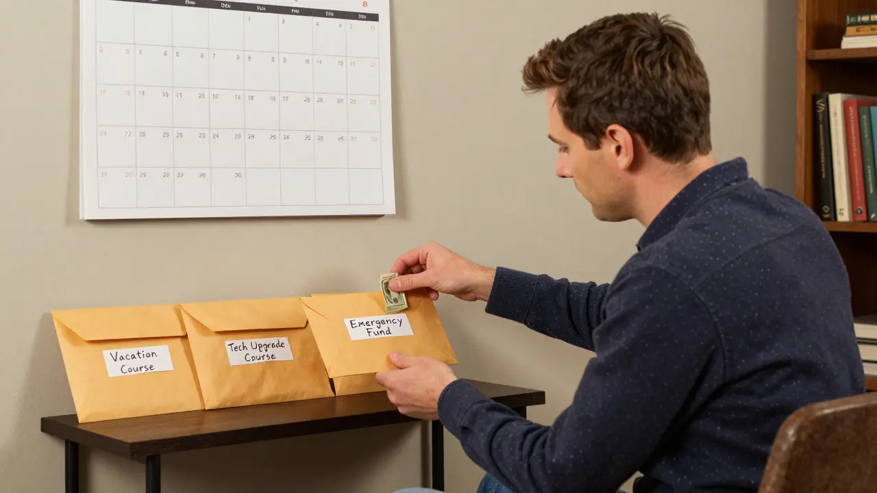 Человек кладет деньги в конверт с надписью 'Фонд чрезвычайных расходов'.