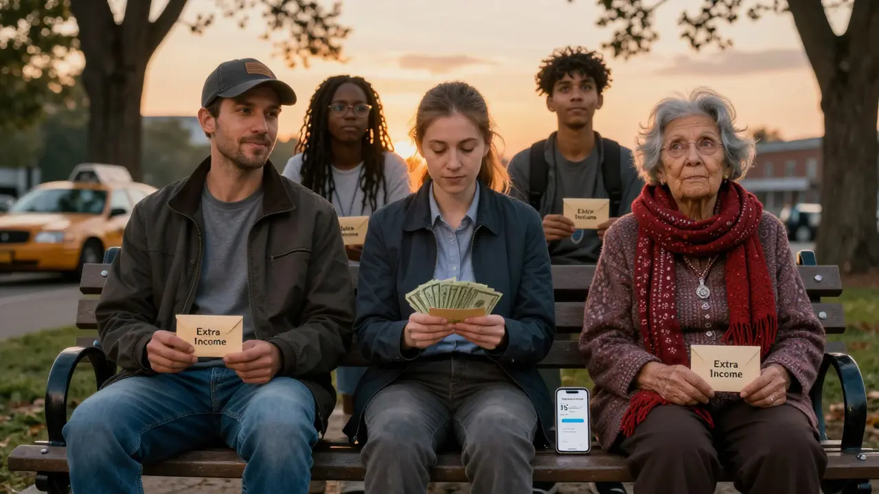 Группа людей на скамейке в парке с конвертами дополнительного дохода и приложением на телефоне.