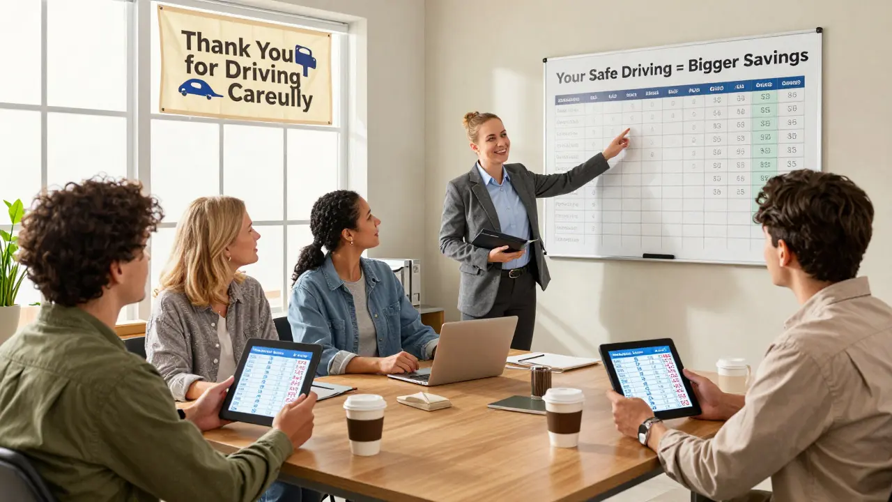 Группа водителей в офисе страховой компании смотрит на экраны с баллами, агент объясняет скидки за аккуратную езду.