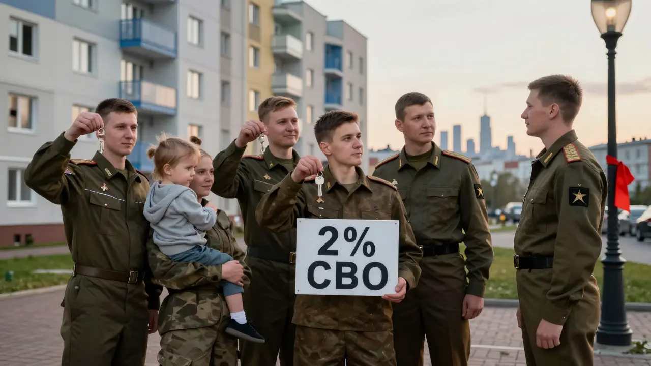 Группа военнослужащих держит ключи от новых квартир перед жилым комплексом, один из них обнимает ребенка.