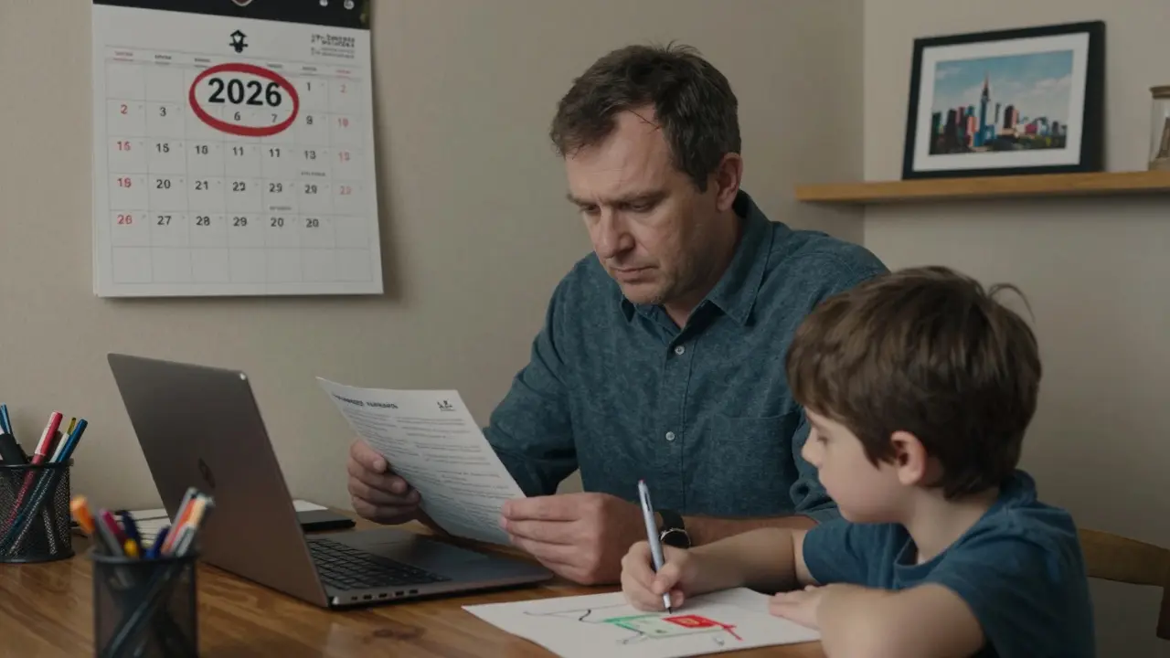 IT-работник в офисе дома смотрит на список аккредитованных компаний, рядом ребенок рисует дом.