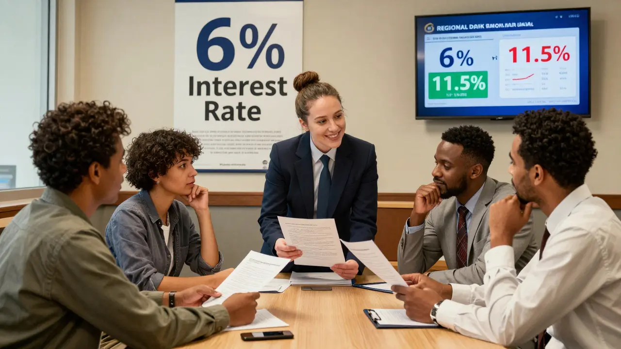 IT-специалисты в банке изучают условия ипотеки под 6% с кредитным консультантом.