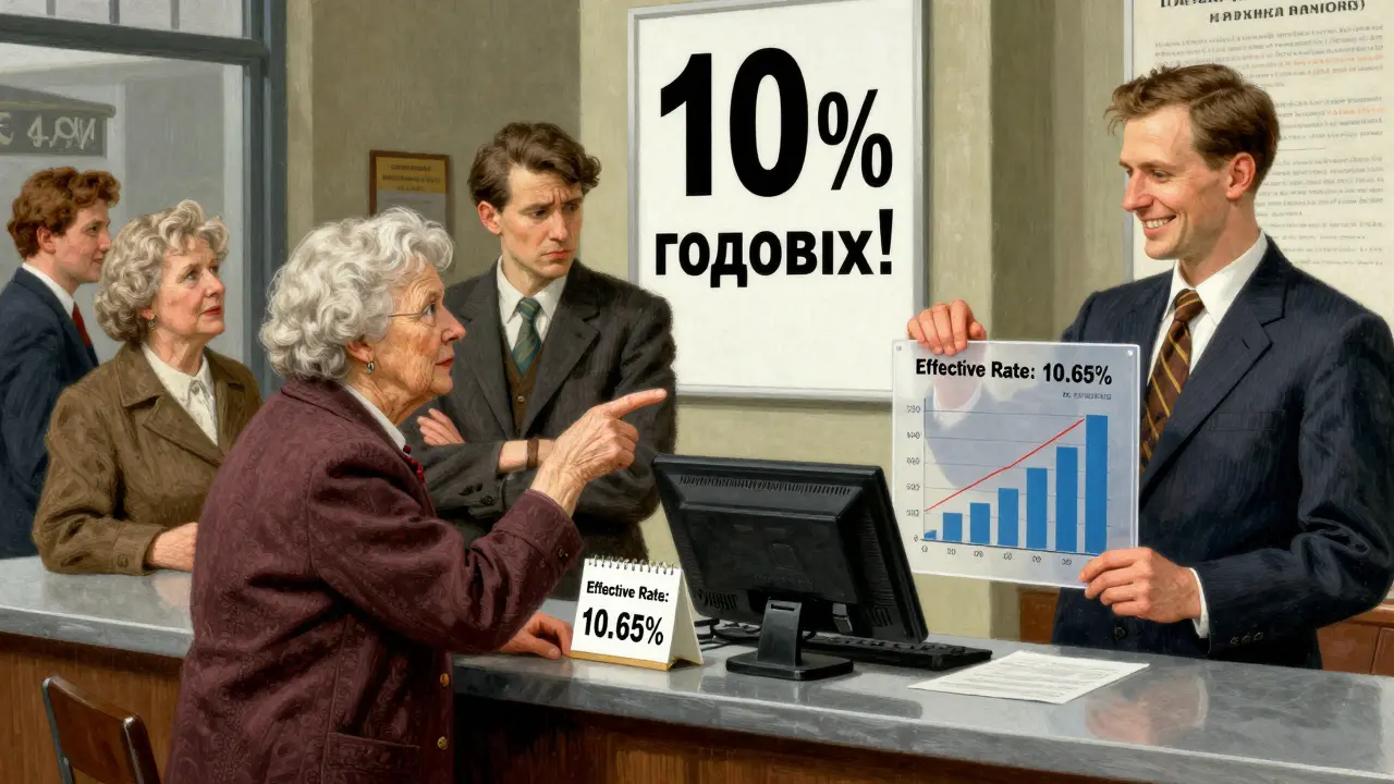 Клиенты в банке сравнивают предложения вкладов, одна женщина указывает на реальную доходность, скрытую мелким шрифтом.