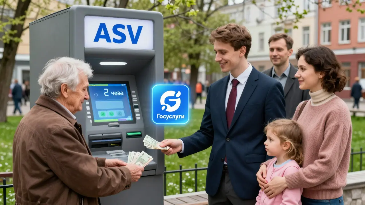 Люди получают выплаты через ATM с цифровым таймером и значком Госуслуг.