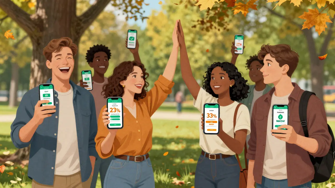 Люди в парке радуются кэшбэку и процентам на остаток через банковские приложения.