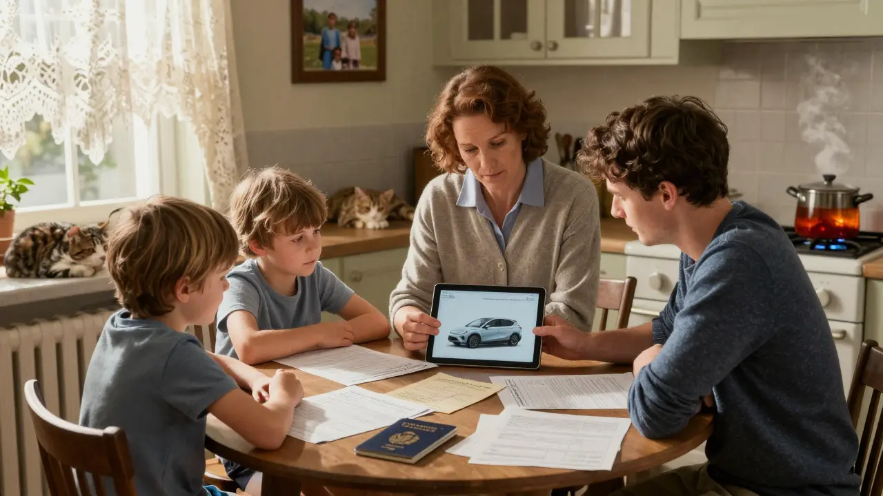 Мать с детьми изучает документы на кухне, муж смотрит на план электромобиля на планшете, домашняя атмосфера.