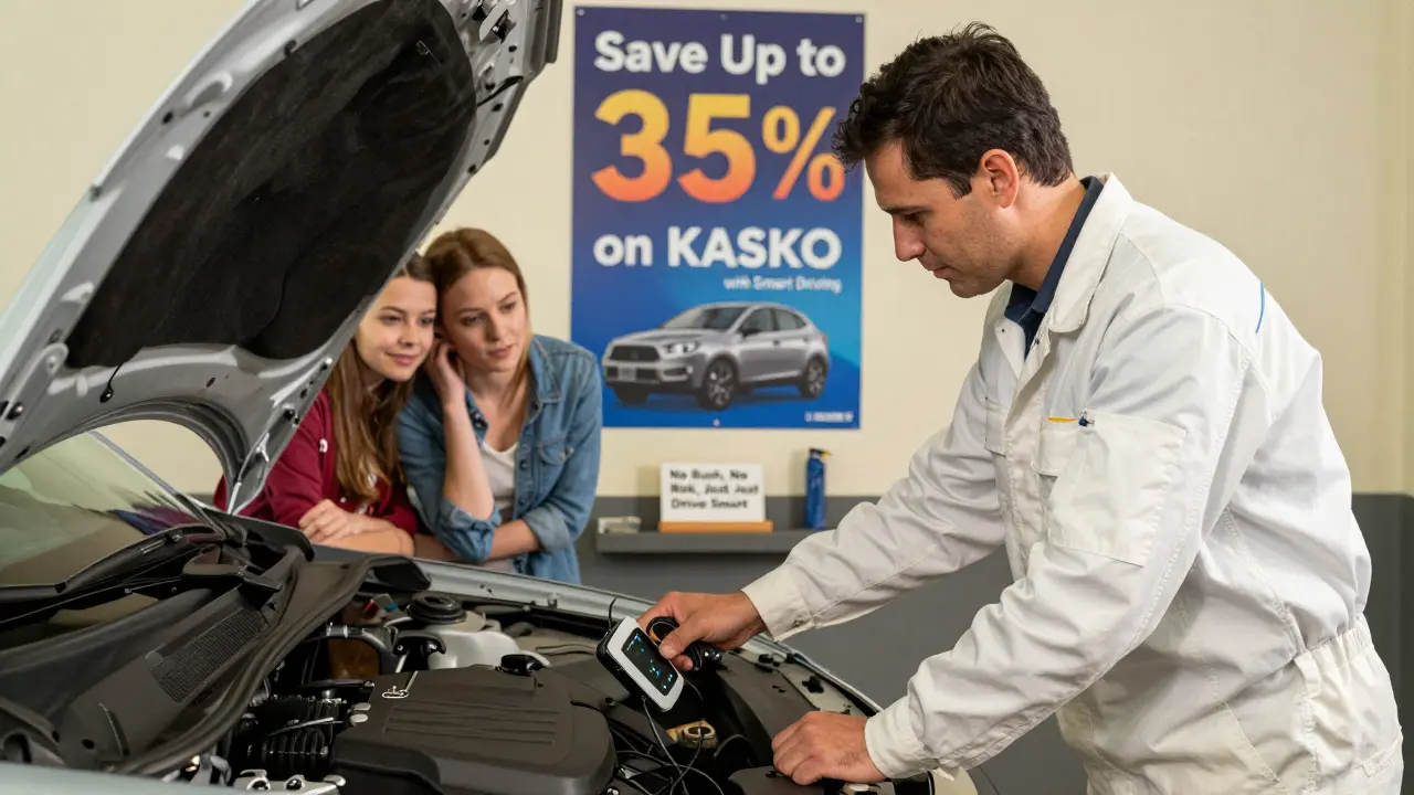 Механик устанавливает телематическое устройство, пара водителей наблюдает с интересом, на стене плакат о скидке до 35%.