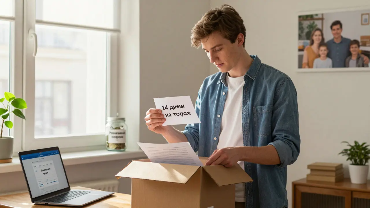Молодой человек кладет документ '14 дней на отказ' в коробку, рядом — копилка 'Резервный фонд'.