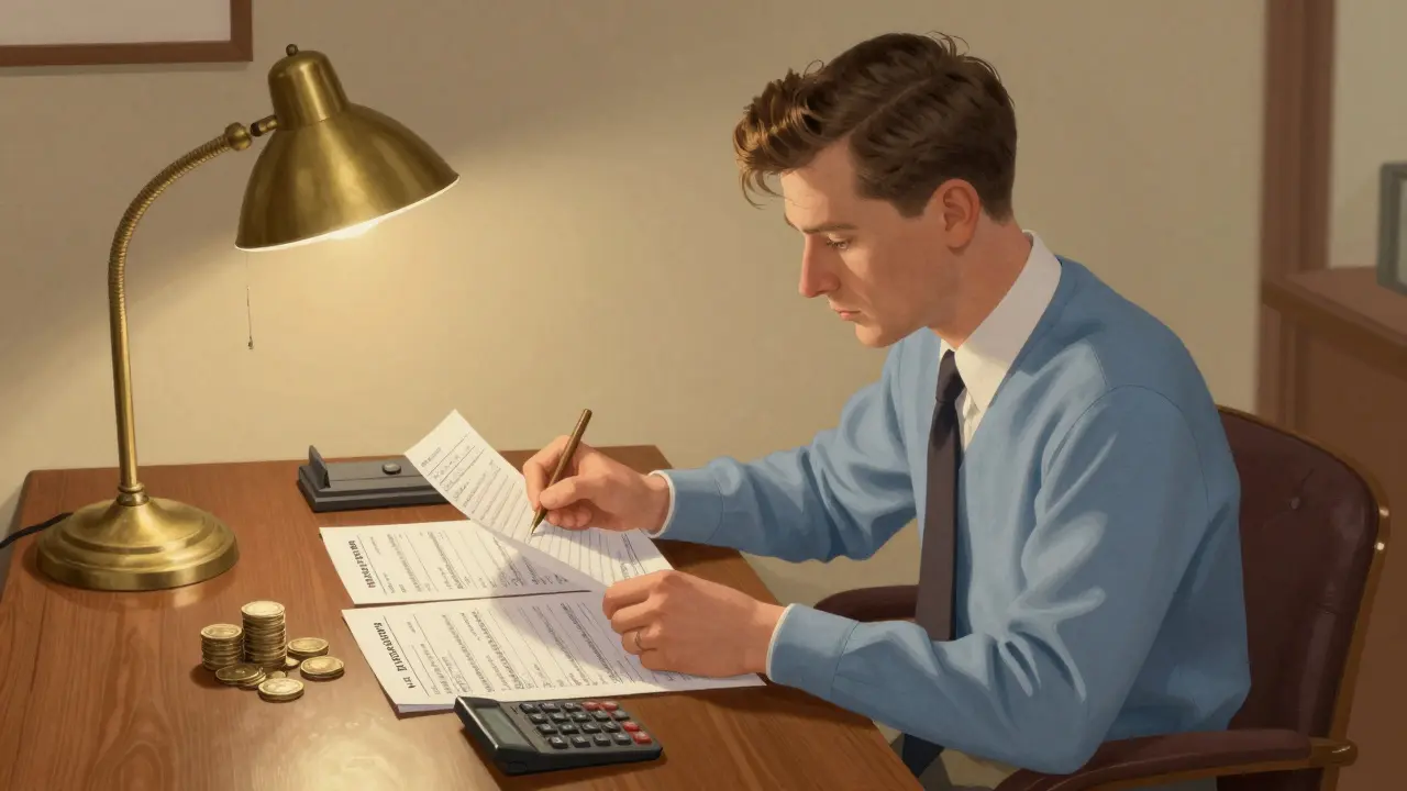 Молодой человек организует личные финансы за рабочим столом с лампой