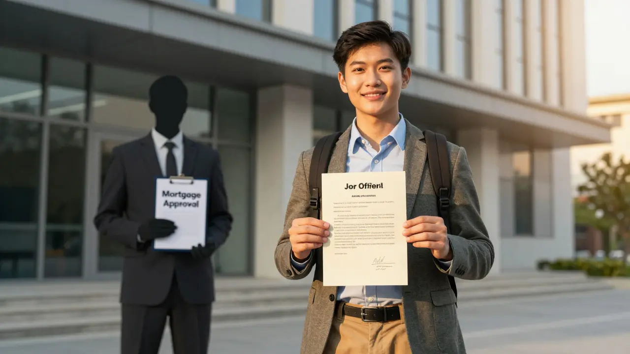 Молодой специалист стоит у офисного здания, держа новое трудовое соглашение, за спиной — тень банка.