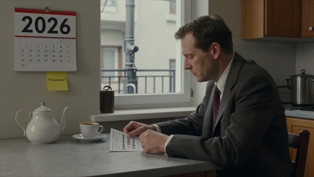 Мужчина размышляет над счетом за страхование ремонта, за окном — протекающий балкон соседа, на стене — календарь 2026 года.