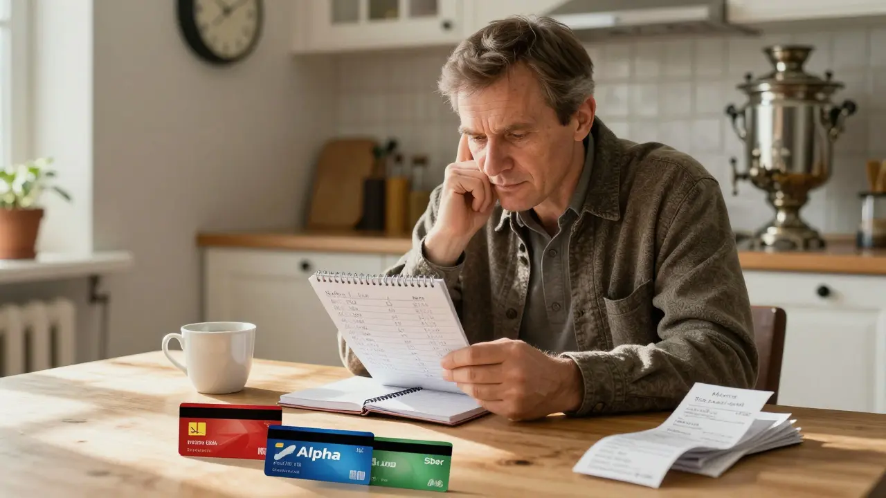 Мужчина сравнивает три банковские карты и рассчитывает кэшбэк на кухне.