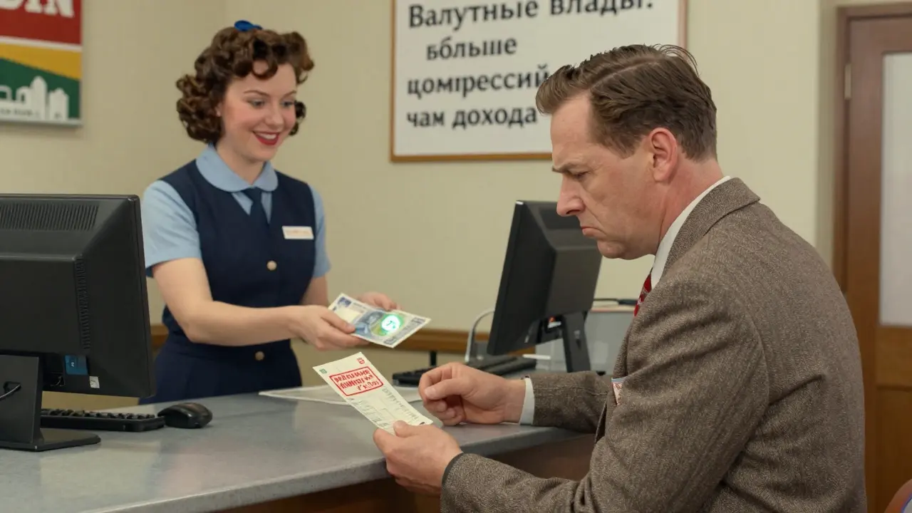 Мужчина в банке смотрит на комиссию за валютный вклад, рядом — клиент получает рублевый вклад с высоким процентом.