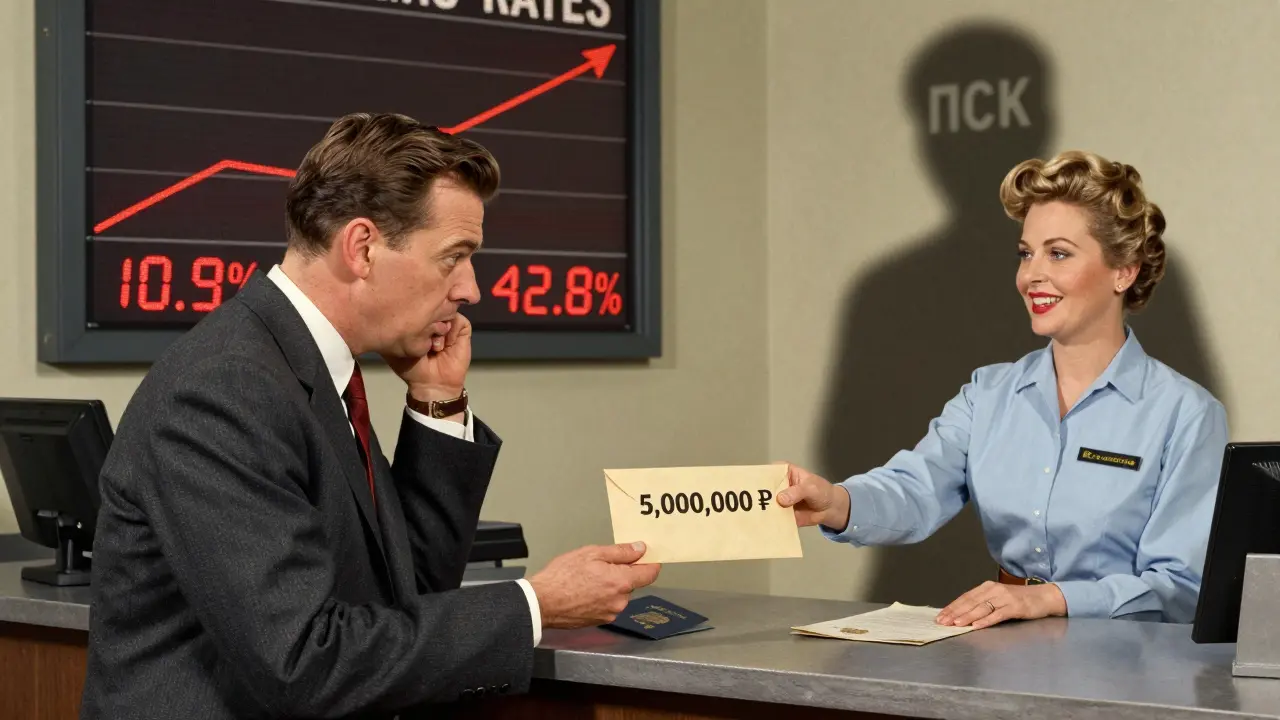 Мужчина в костюме получает кредитный конверт в банке, за спиной — цифры ставок взлетают, тень 'ПСК' нависает.