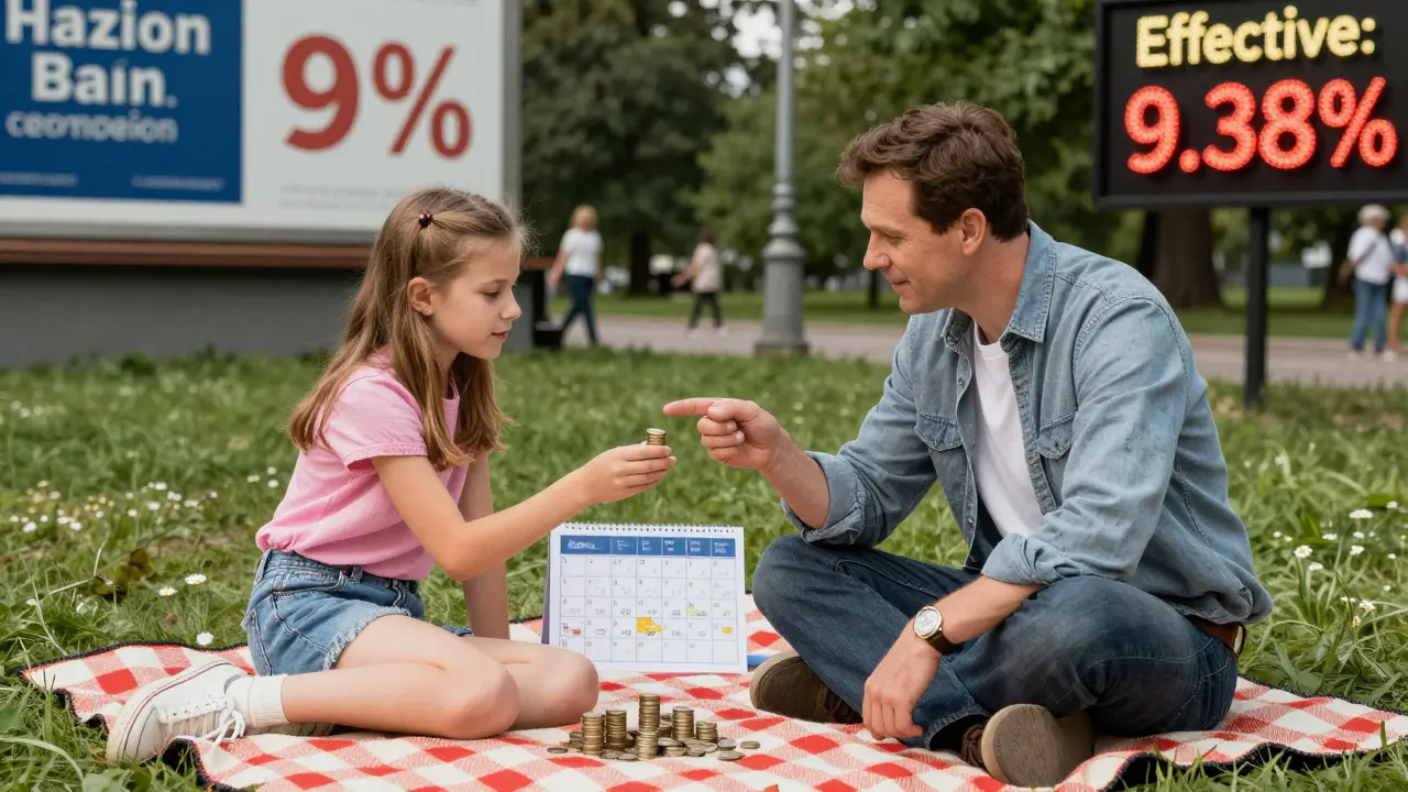 Отец объясняет дочери сложные проценты с помощью монет и календаря на пикнике в парке.